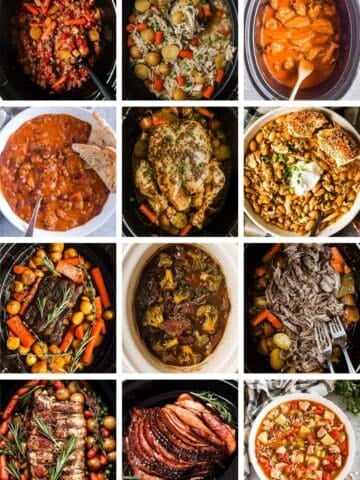 A collage of slow cooker meals: ground beef stew, chicken stew, barbecue chicken wings, homemade chili with two slices of toast, whole chicken and vegetables, White chicken chili, pot roast, beef and broccoli, sirloin tip roast, pork roast, spiral ham, and turkey vegetable soup.