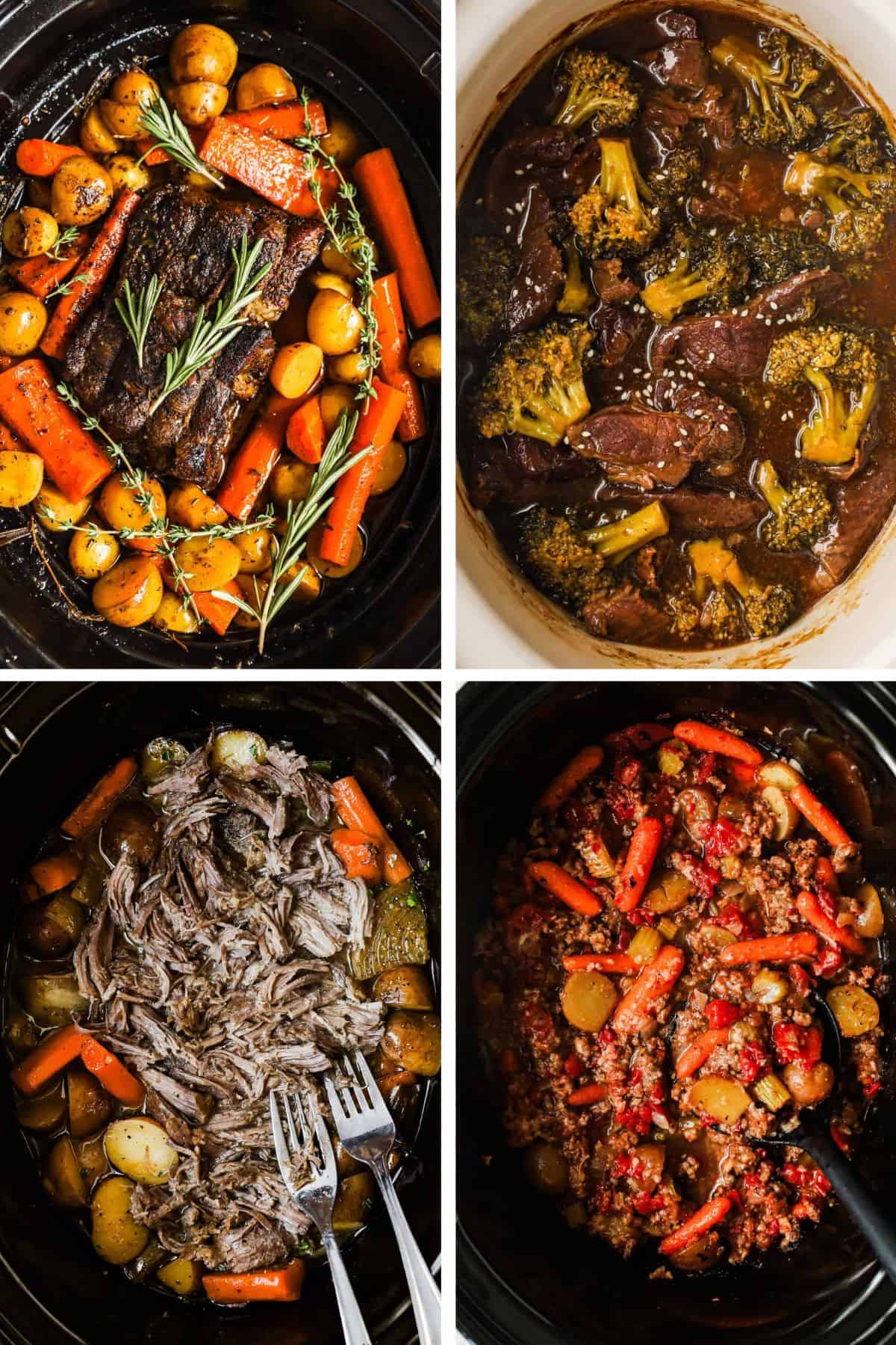 Pot roast, beef and broccoli, sirloin tip roast, and ground beef stew are all in slow cookers.