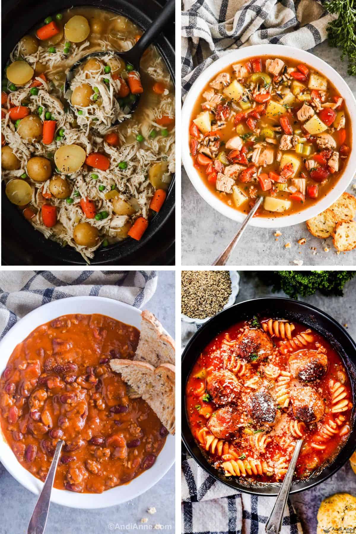 A collage of four slow cooker comfort meals: chicken stew, turkey vegetable soup, homemade chili, and Italian meatball soup.