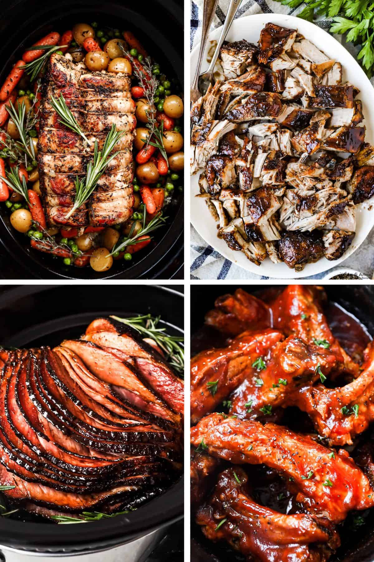 A collage of slow cooker meals: pork roast with vegetables, shredded brown sugar pork tenderloin on a plate, a spiral ham, and barbecue ribs.