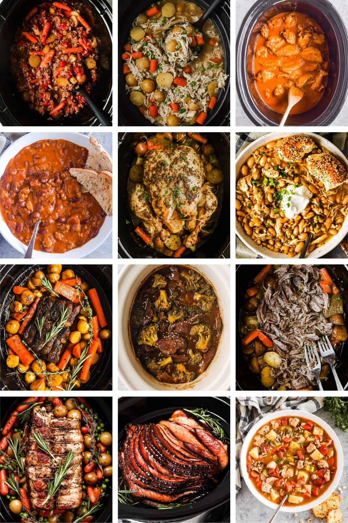 A collage of slow cooker meals: ground beef stew, chicken stew, barbecue chicken wings, homemade chili with two slices of toast, whole chicken and vegetables, White chicken chili, pot roast, beef and broccoli, sirloin tip roast, pork roast, spiral ham, and turkey vegetable soup.