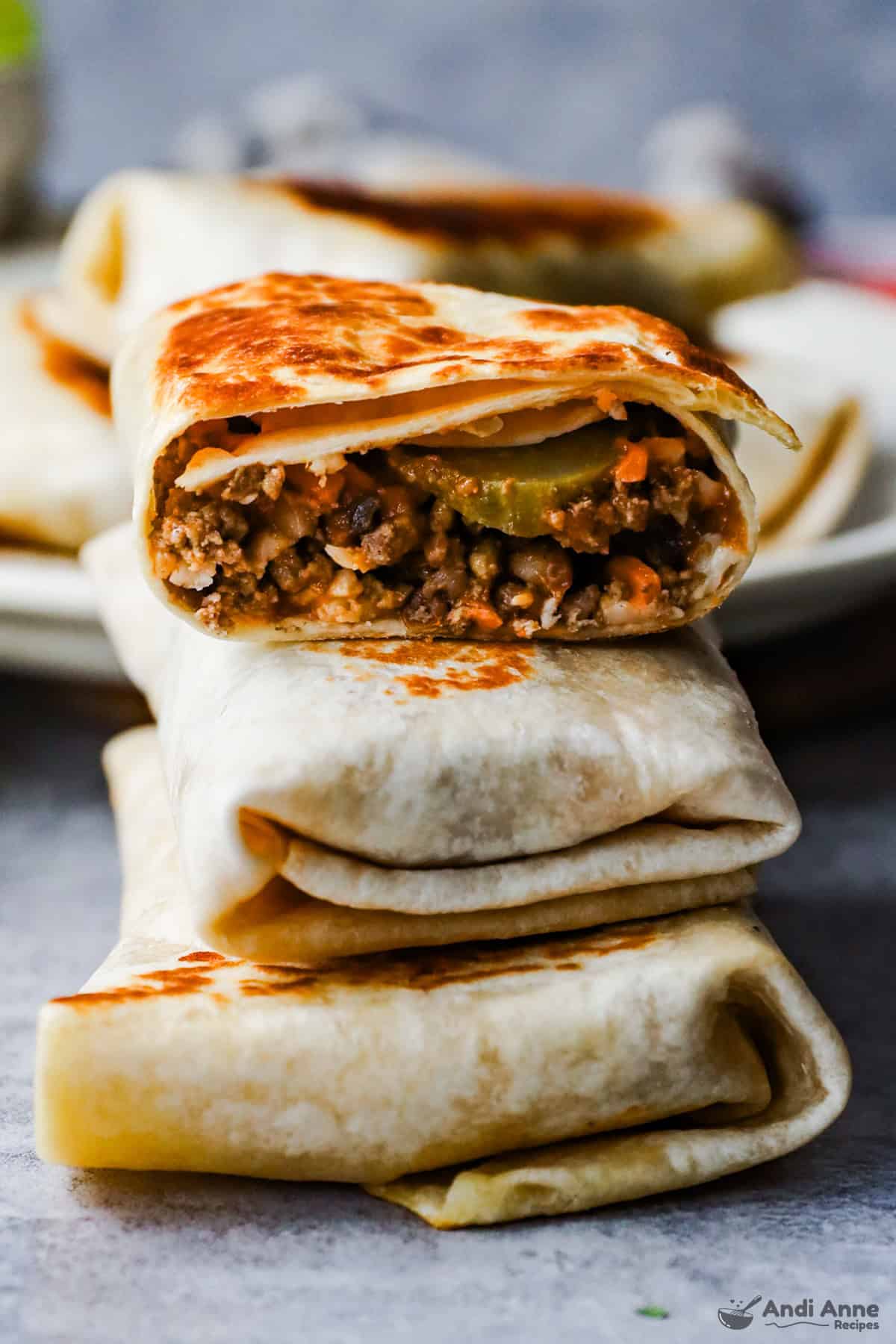A stack of cheeseburger wraps
