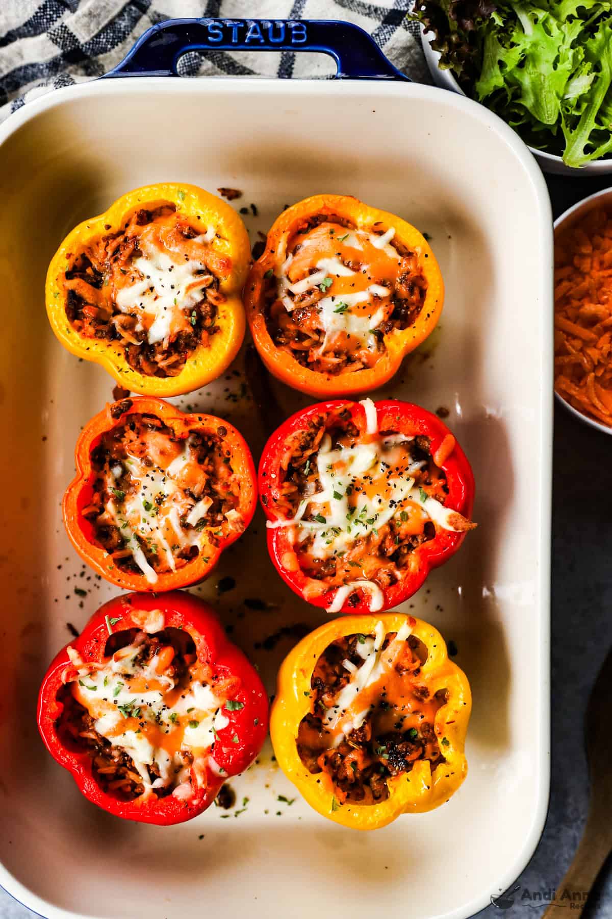 Stuffed bell peppers in a casserole dish