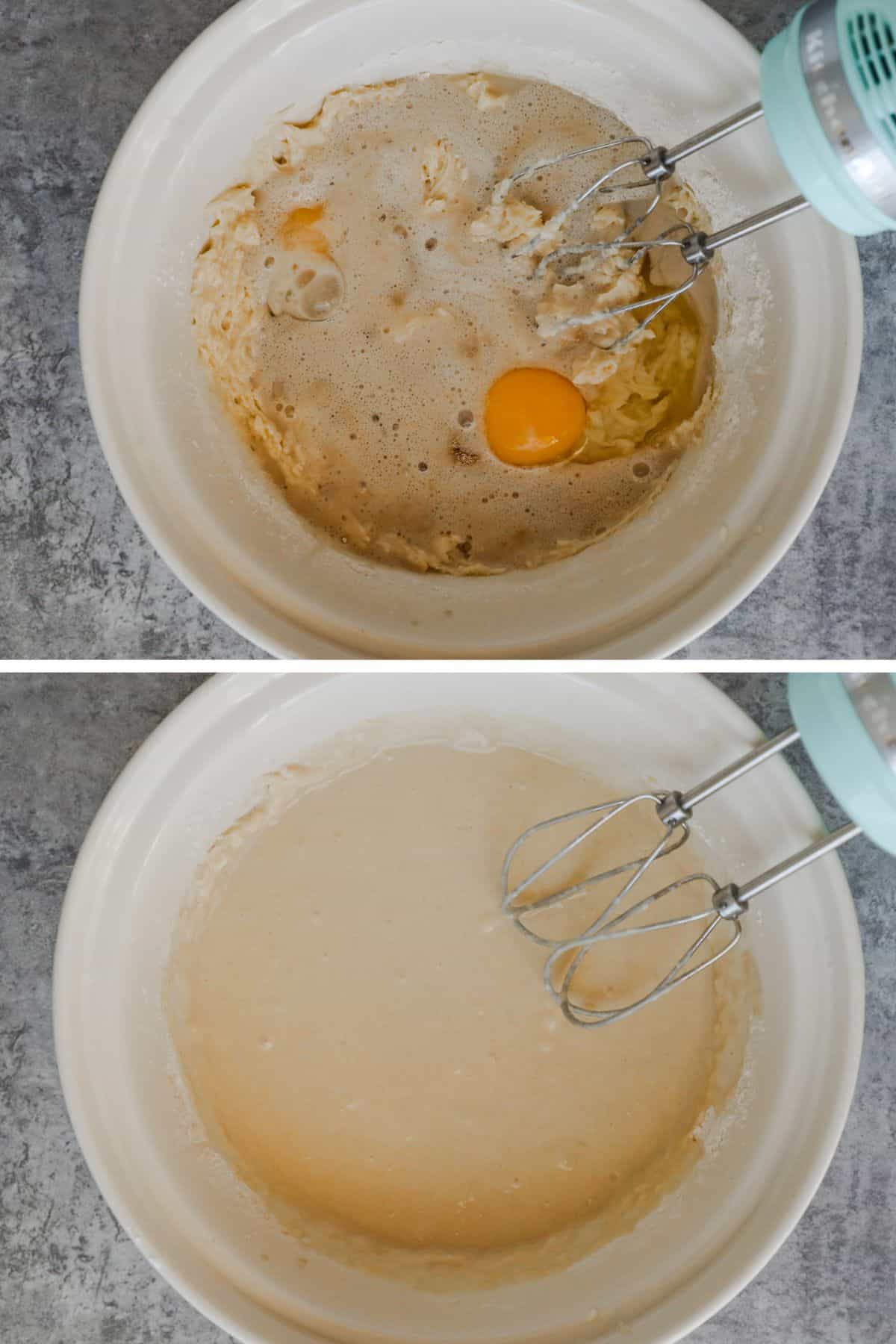 flour, eggs and milk in a bowl with hand mixer