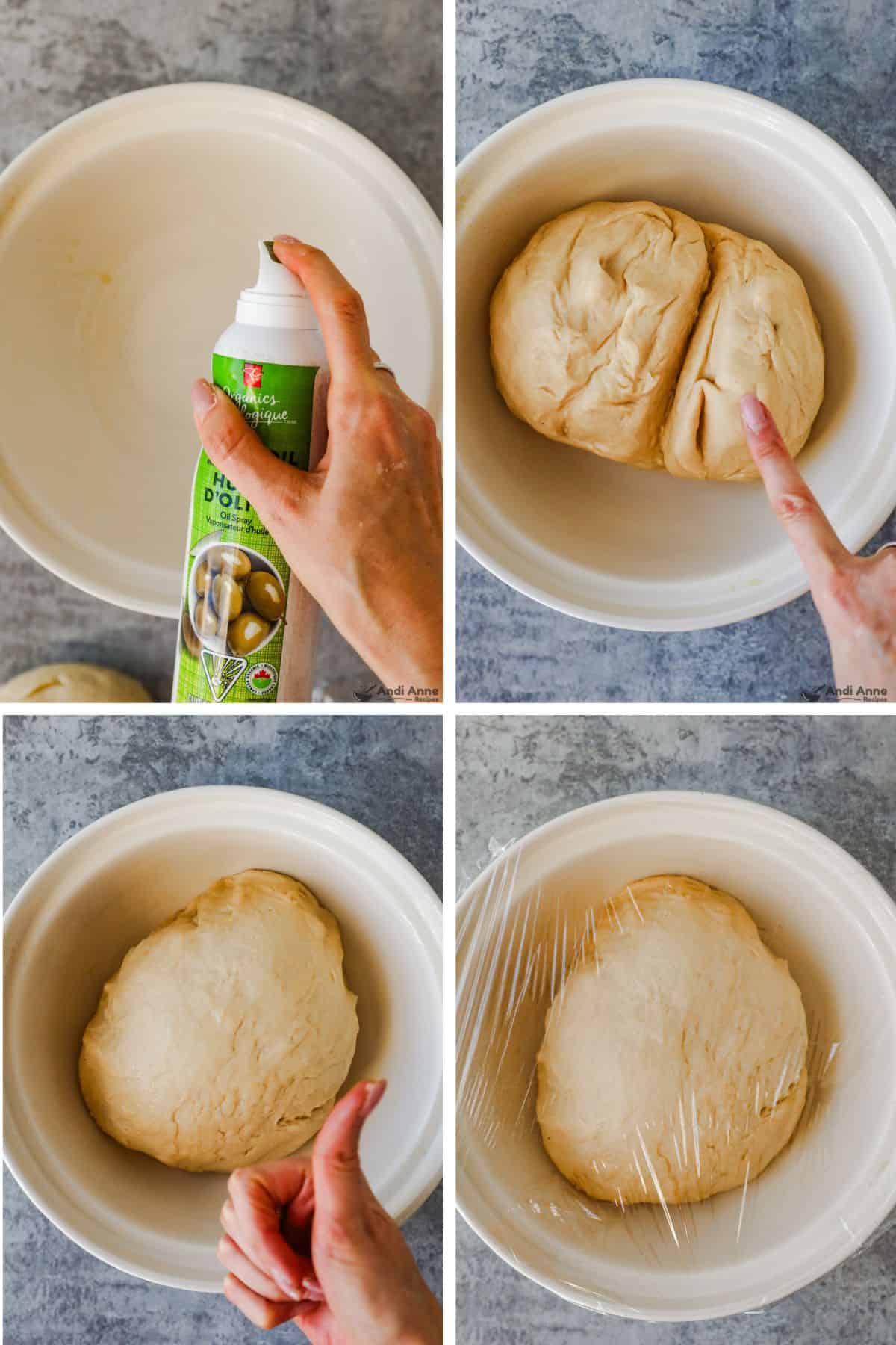 Four images of dough ball and cooking spray in bowl