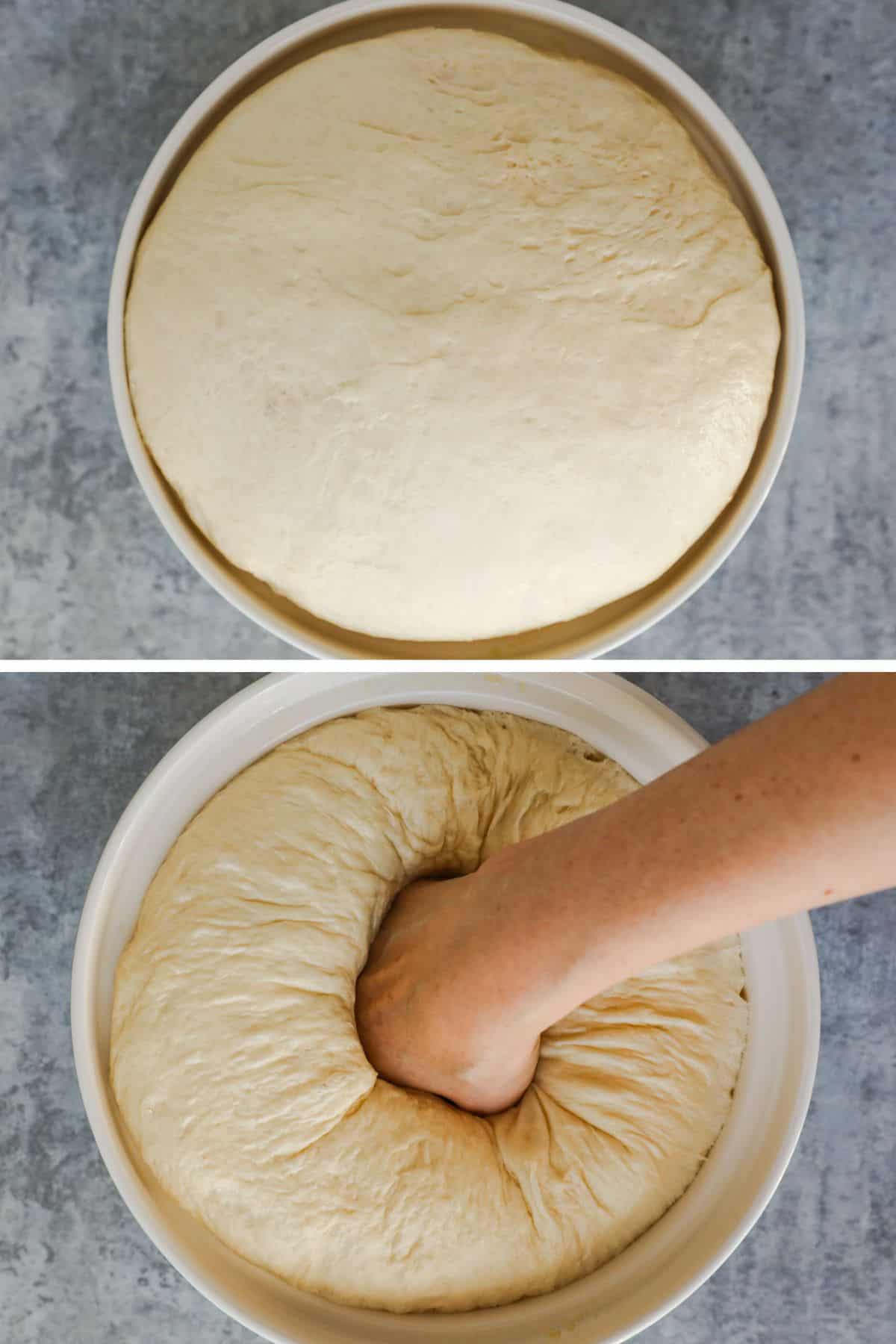 Rising bowl in a bowl, then dough being punched down with fist