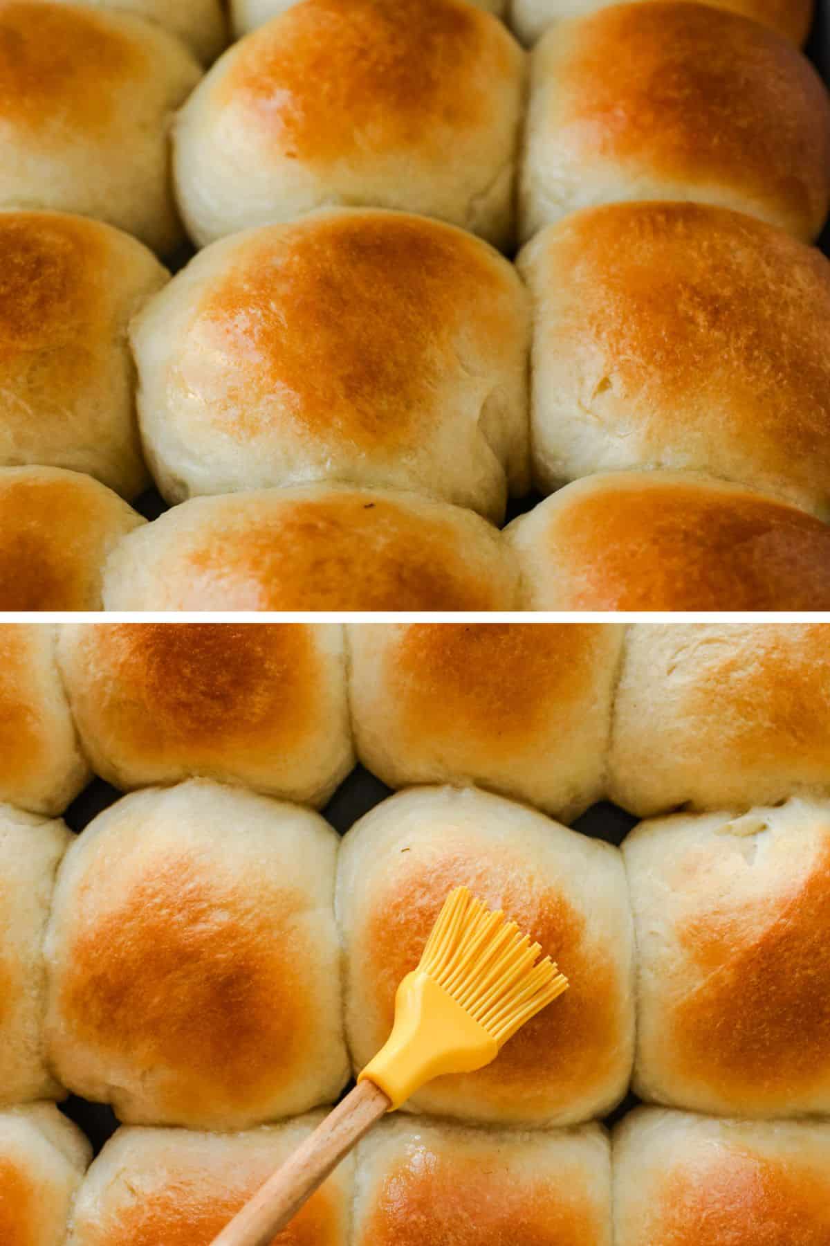close up of dinner rolls, one being brushed with butter