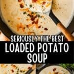 potato soup in a pot with toppings like crumbled bacon and shredded cheese