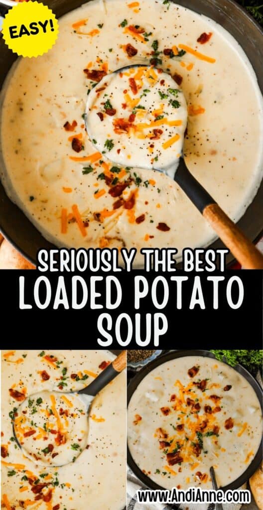 potato soup in a pot with toppings like crumbled bacon and shredded cheese