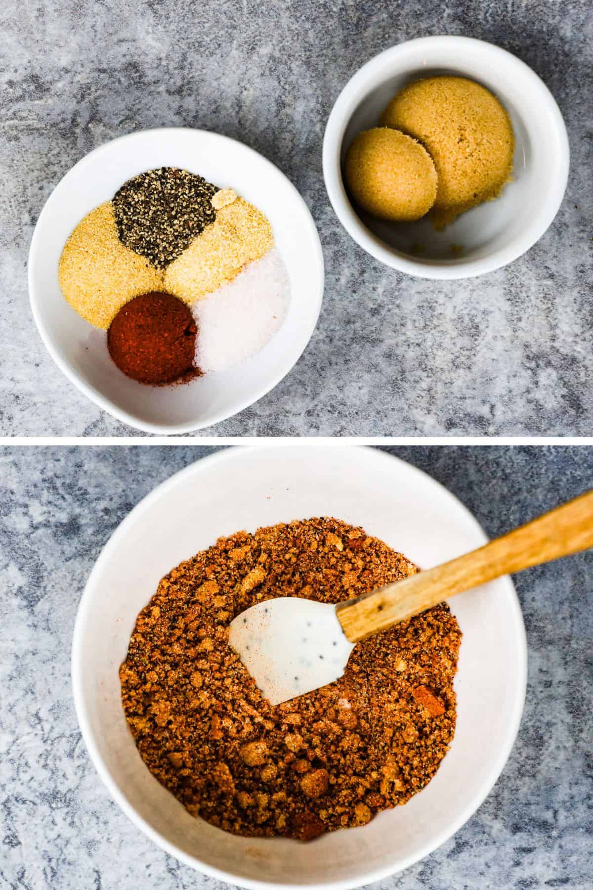 The brown sugar and seasonings are mixed together for the brown sugar herb rub.
