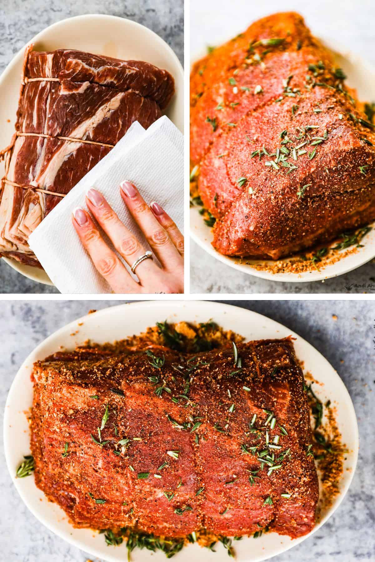 A paper towel is used to dry the roast, then the brown sugar and herb mixture is rubbed into all sides of the roast.