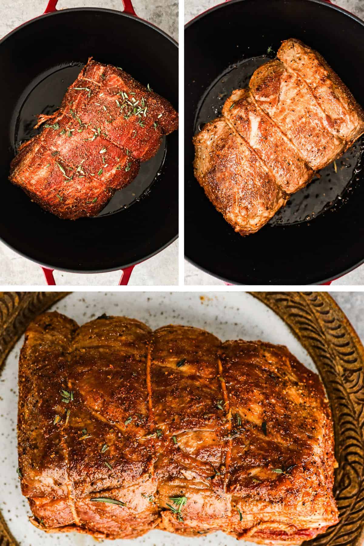 The brown sugar and herb rubbed roast is seared in a Dutch oven, then the roast is removed and put on a plate once a crust is formed.