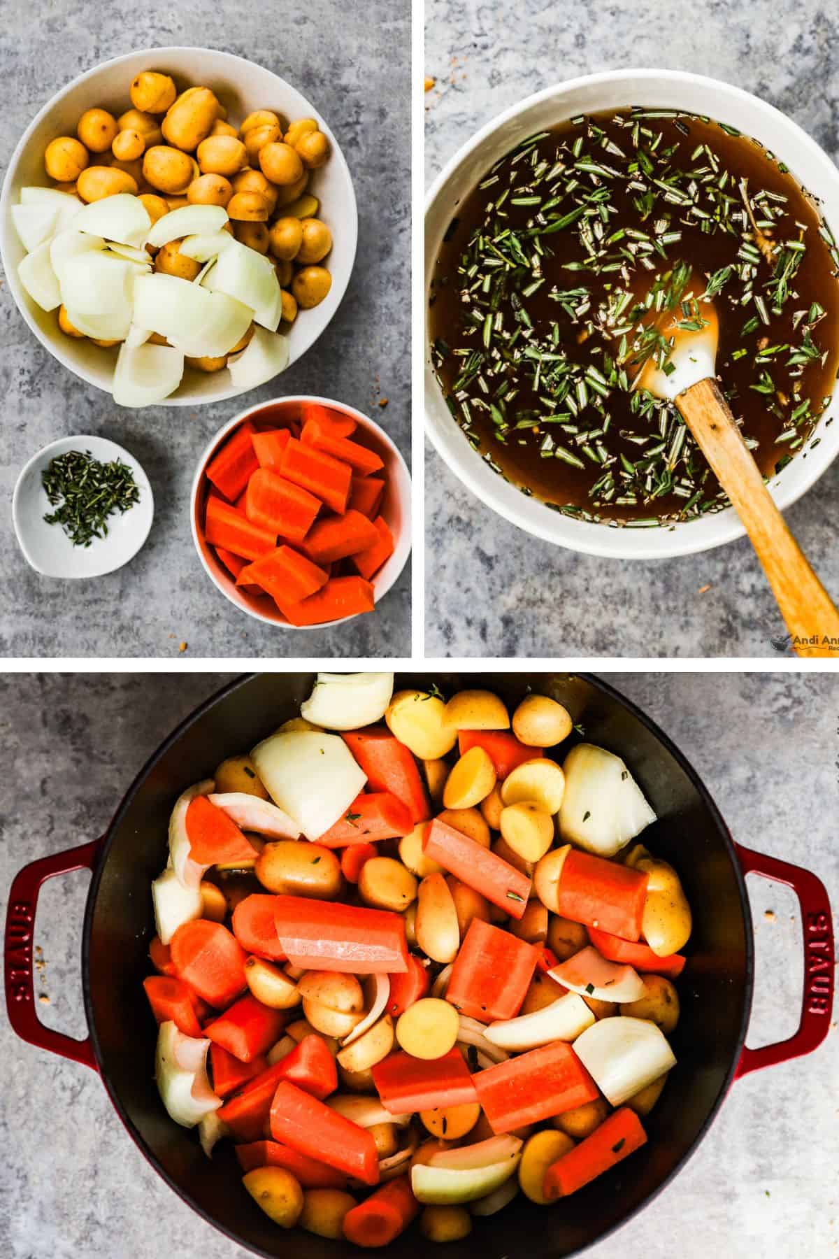 Halved baby potatoes, onions, rosemary, thyme, and roughly chopped carrots are in small bowls and then added to a large Dutch oven.