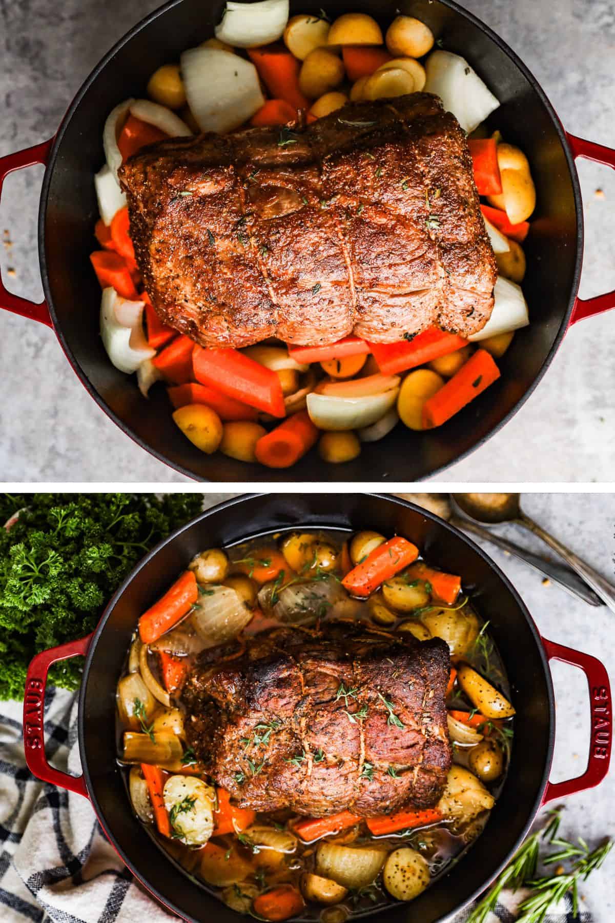 The roast is on a bed of carrots, onions, and potatoes in a Dutch oven, and then the beef broth mixture is added to the pot around the roast.
