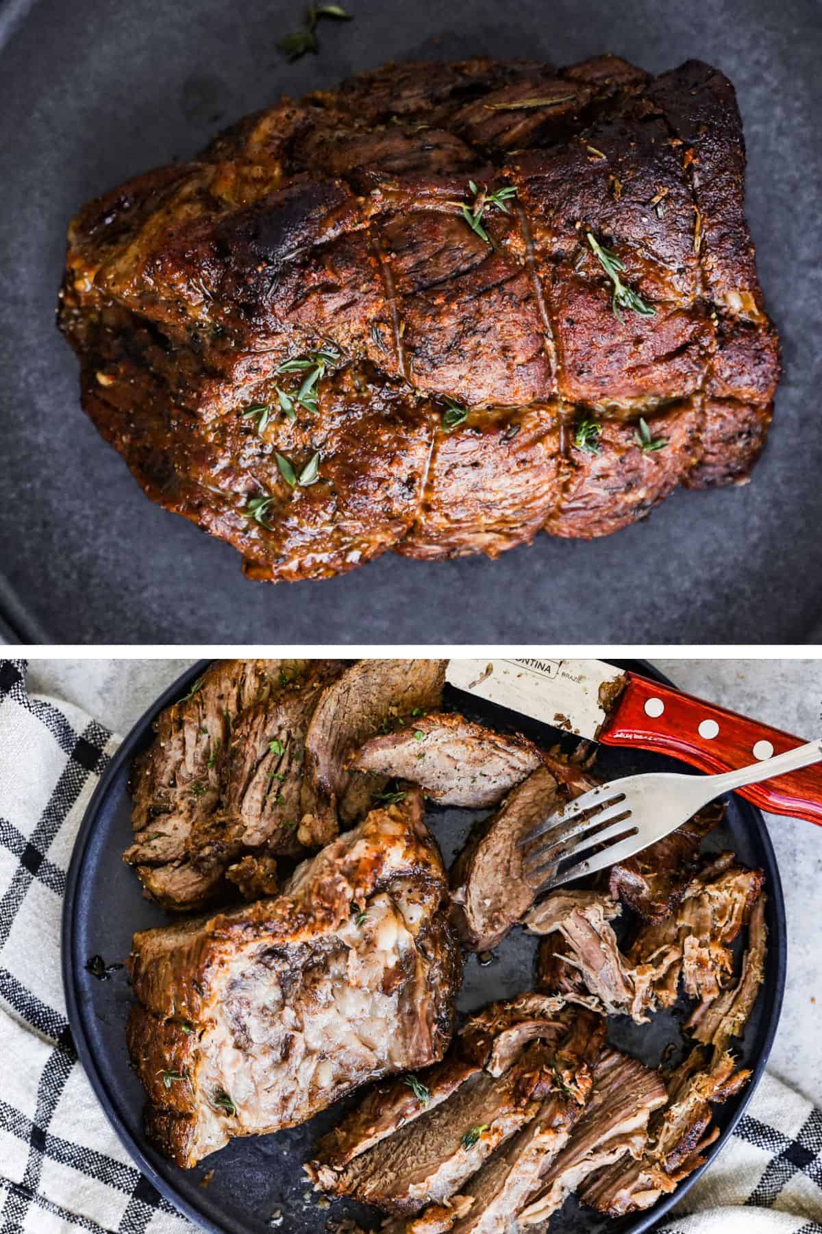 The pot roast rests on a plate, and then the fork-tender pot roast is sliced on a plate.