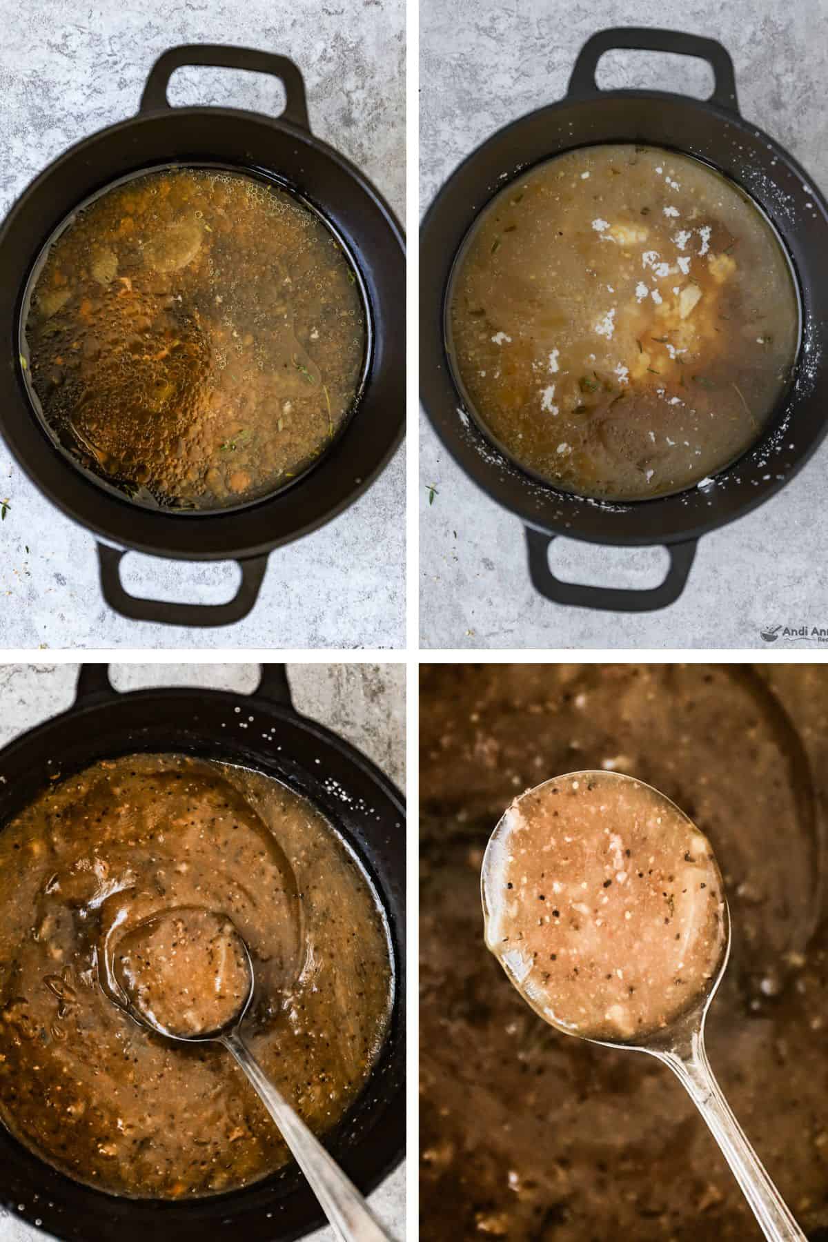 The cooking liquid is simmering, then a cornstarch and water mixture is added to the liquid, the liquid is cooked until thickened into gravy, and a spoon of thickened gravy.