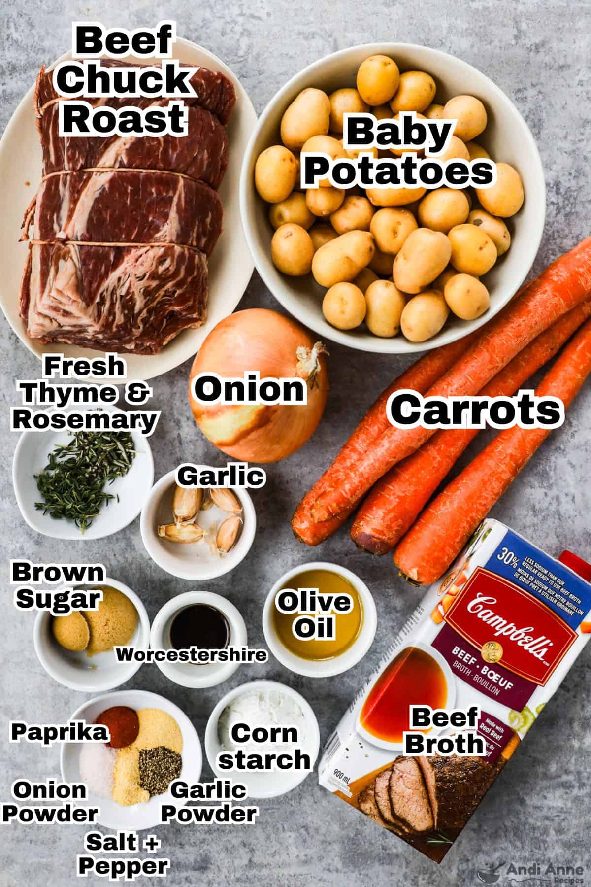 The ingredients to make an old-fashioned pot roast with brown sugar and herb rub are in individual bowls.