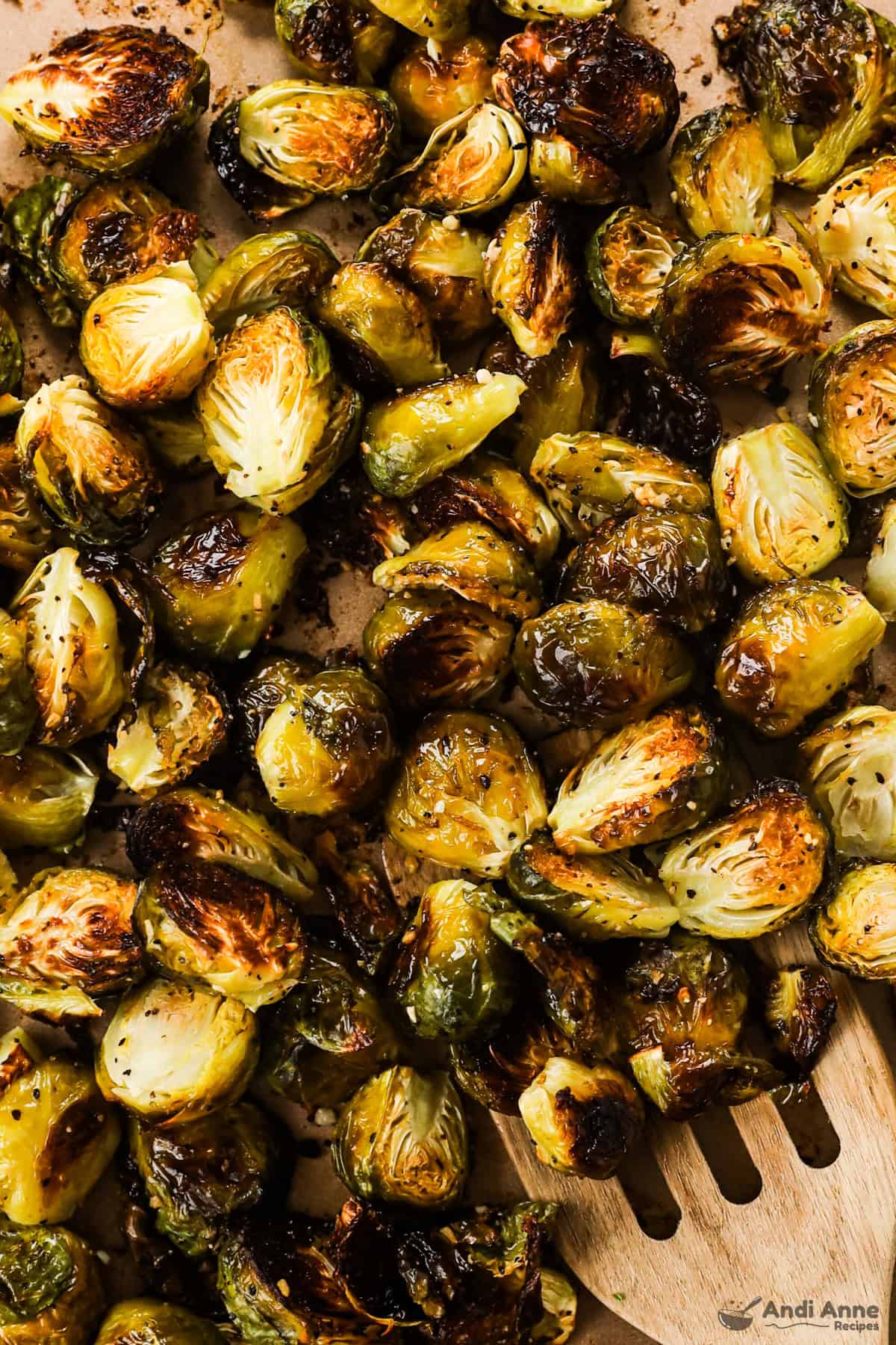 An up close of crispy roasted Brussels sprouts.