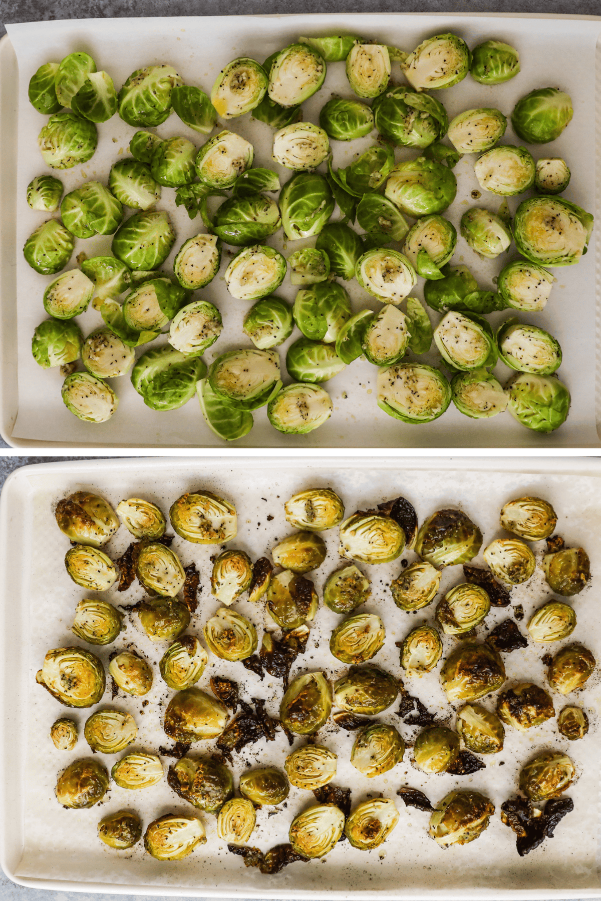 A sheet pan with roasted Brussels sprouts before and after roasting.