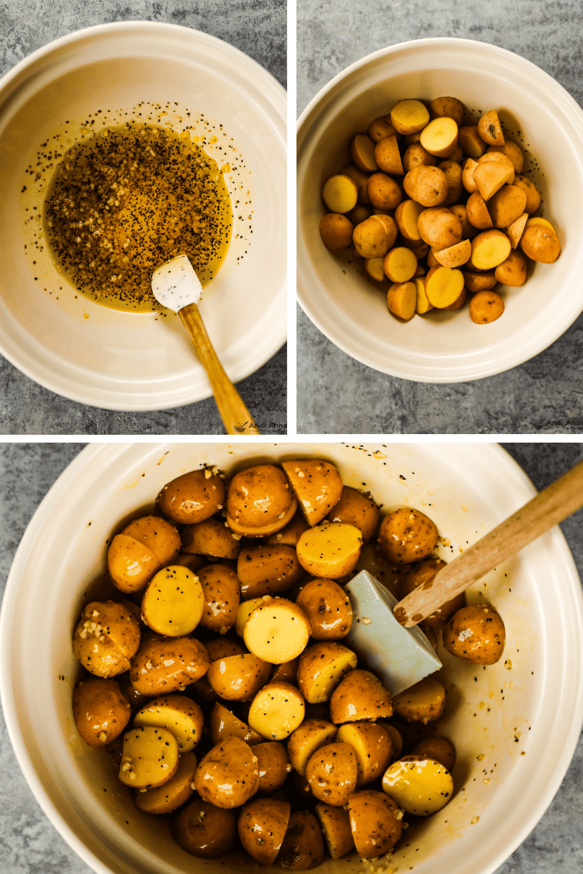 Olive oil, garlic, salt and pepper are mixed in a bowl, then the halved baby potatoes are added to the bowl and mixed together.