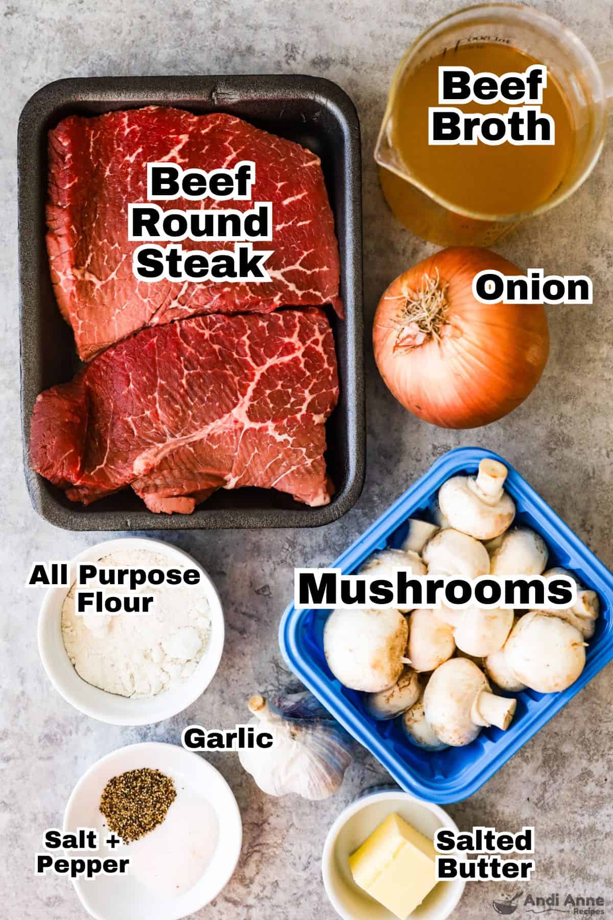 Ingredients including beef steak, beef broth, mushrooms, onion, flour and salt and pepper