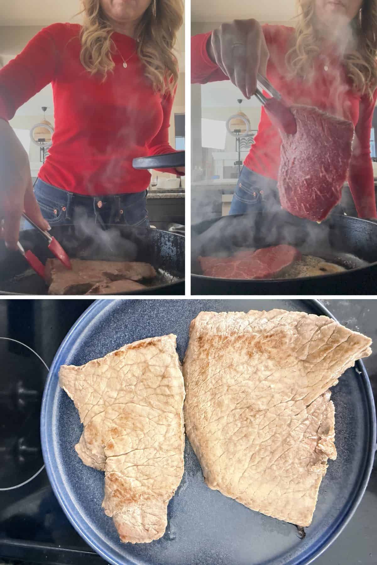 Andi cooking steaks in a frying pan then cooked steaks on a plate