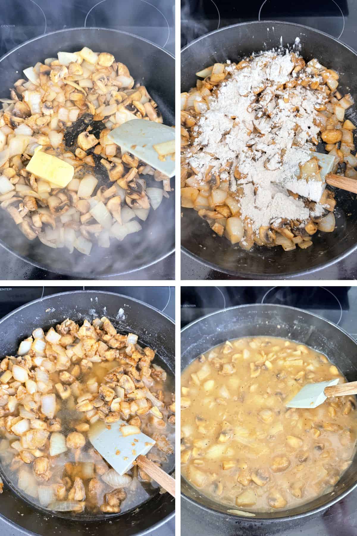 images of different stages of cooking gravy with onions an mushrooms