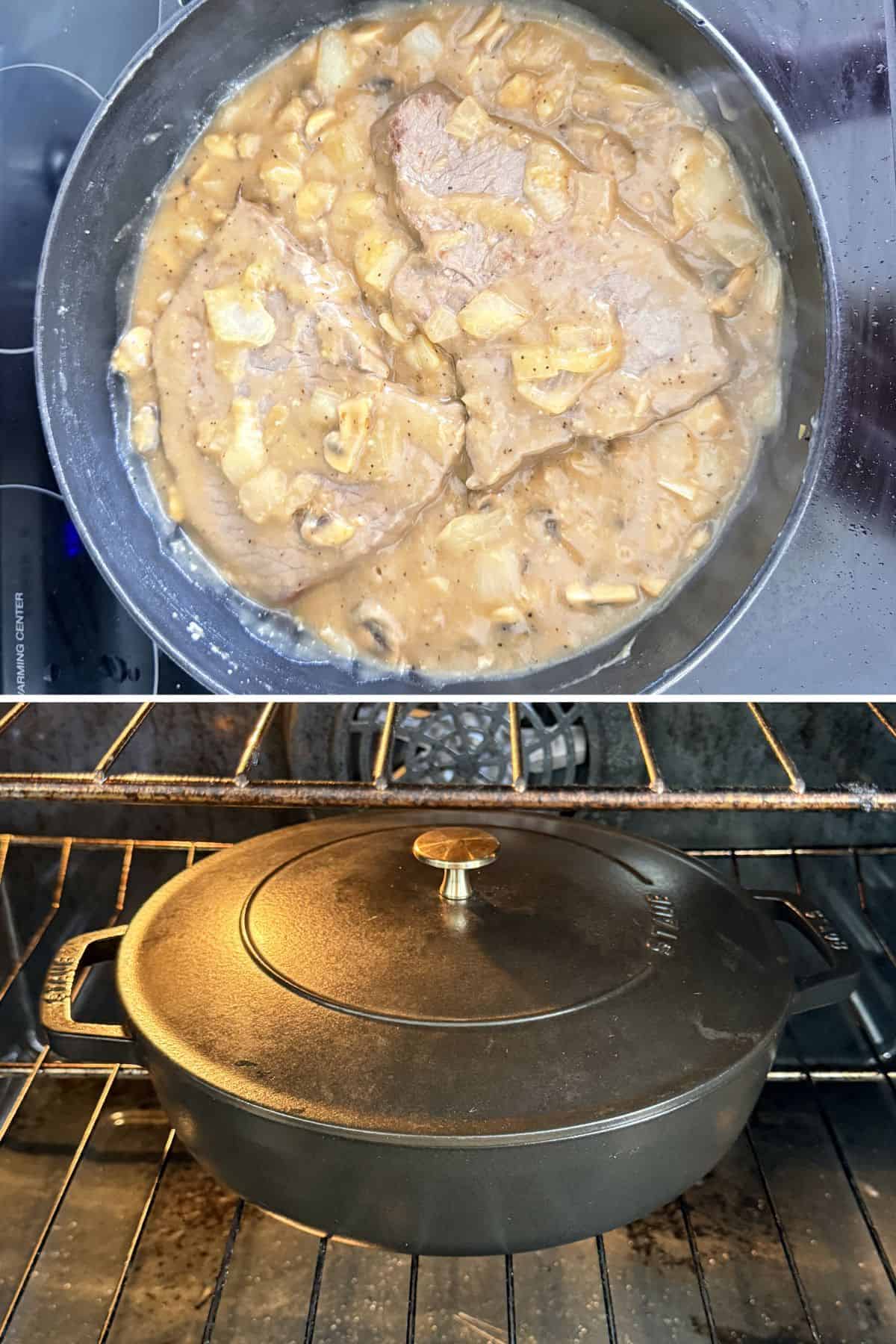 pan with round steak and gravy and pot in oven