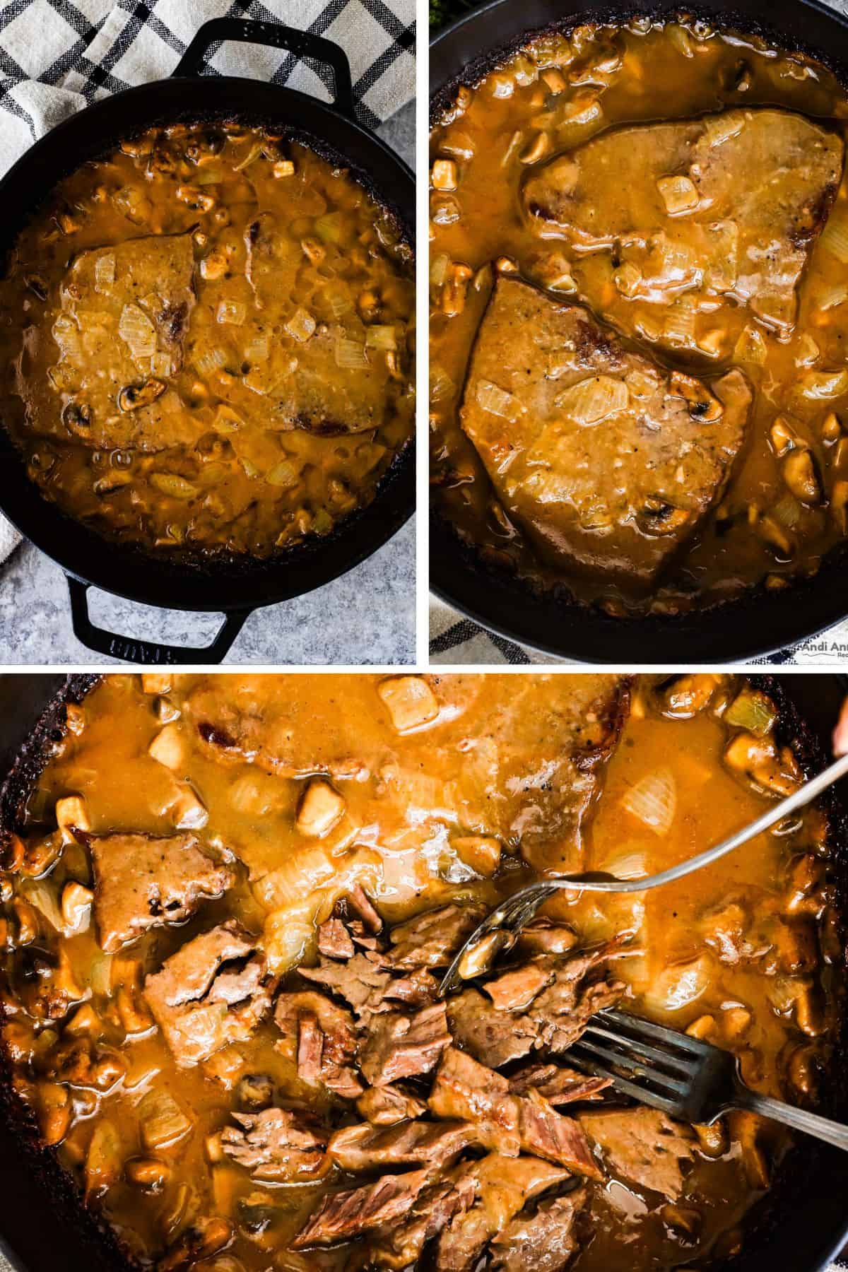 final cooked round steak with gravy and forks shredding tender meat