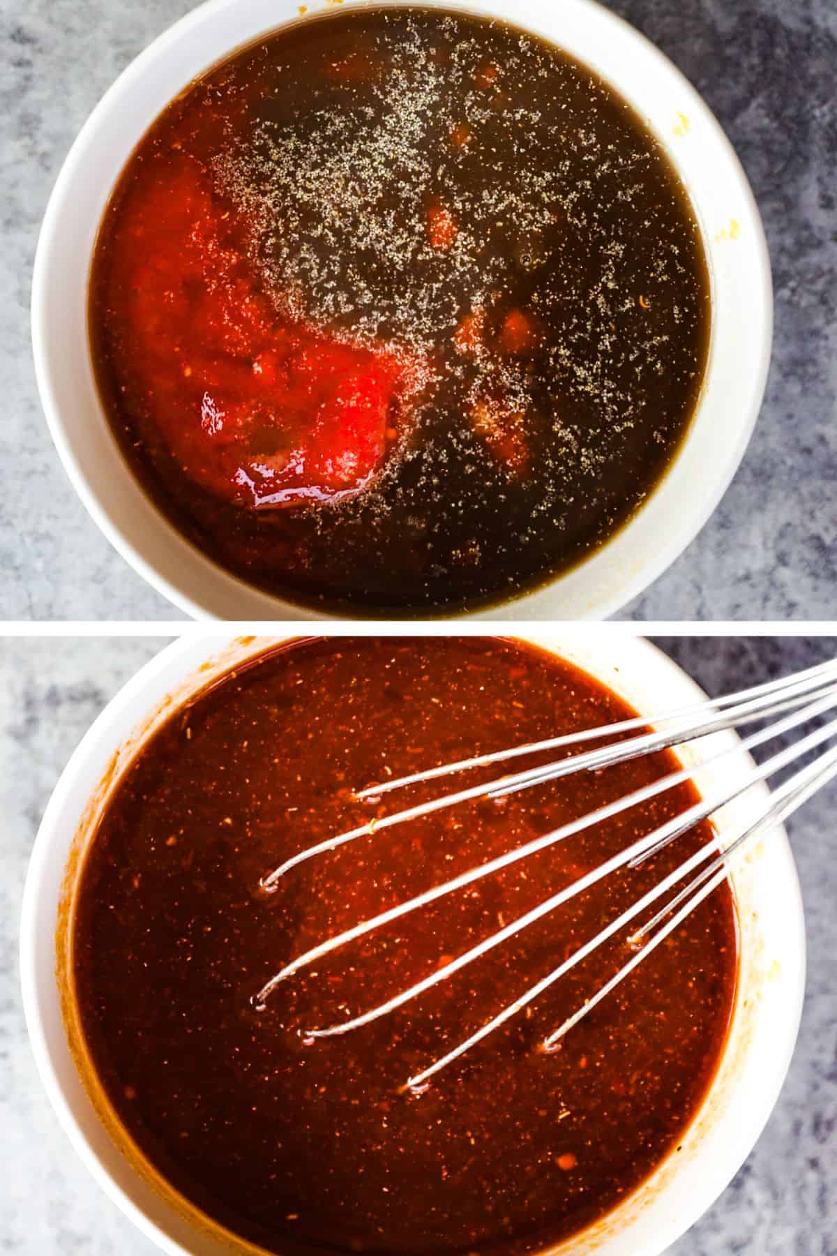 Lemon juice, brown sugar, tomato sauce, soy sauce, and garlic powder are in a small bowl and then the ingredients are mixed with a whisk to make a sauce.