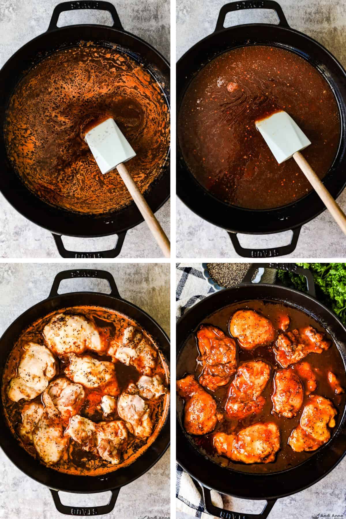 A four-image collage of the sauce is added to the skillet and warmed until slightly thickened, then the chicken thighs are added to the skillet, and then the chicken thighs are fully cooked in the skillet, and the sauce is thicker.