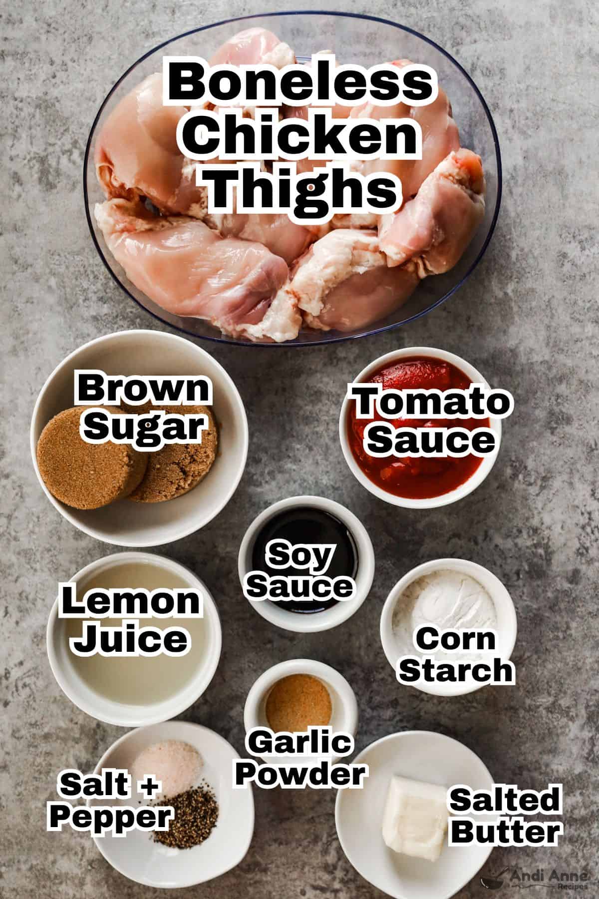 The ingredients for sweet and sour boneless chicken are in small individual bowls.