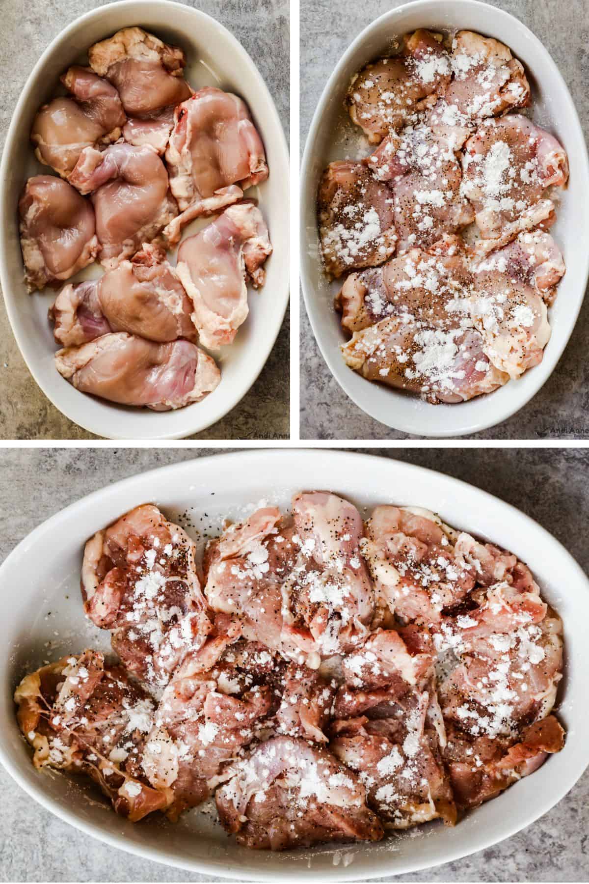Boneless chicken thighs are seasoned with salt and pepper, then sprinkled with cornstarch.
