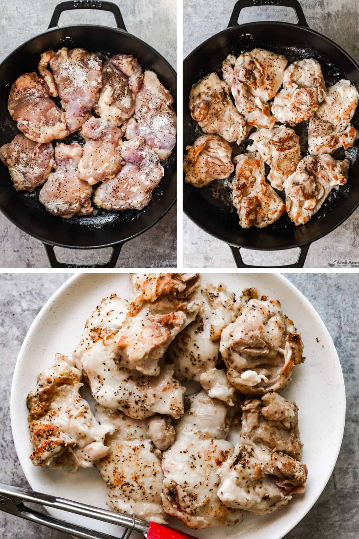 The boneless chicken thighs are seared in a pan on both sides, then transferred to a plate.