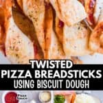 collage of images for twisted pizza breadsticks, also includes ingredients to make the recipe