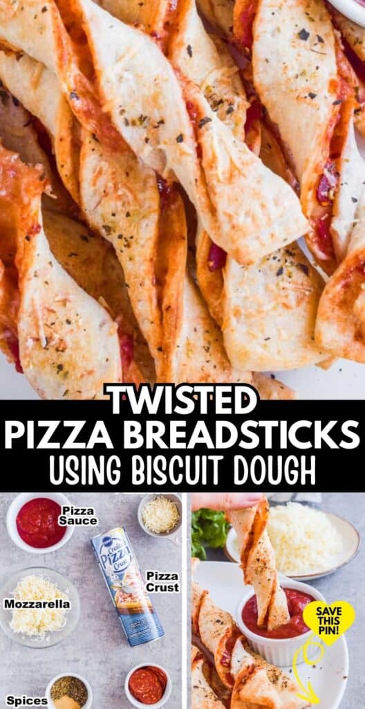 collage of images for twisted pizza breadsticks, also includes ingredients to make the recipe