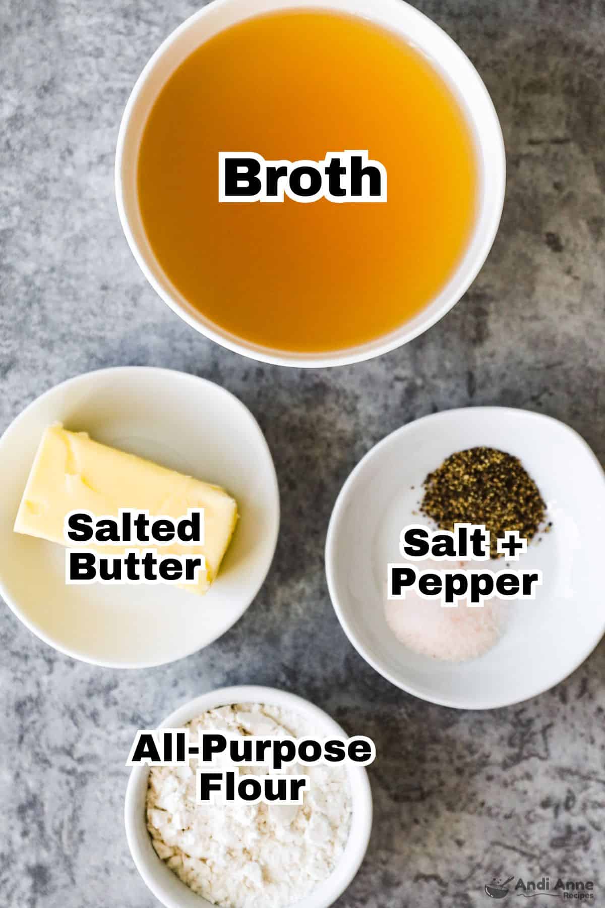 The ingredients to make brown gravy are in small individual bowls.