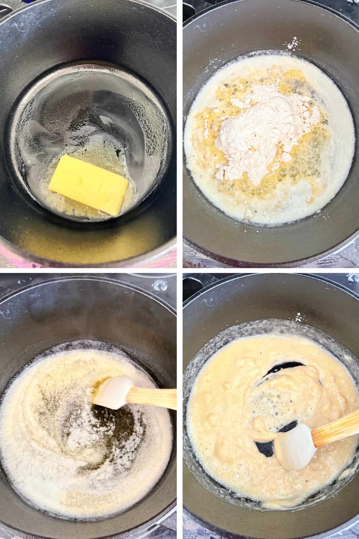 Butter is added to a saucepan, then flour, then it is mixed until smooth and starts to brown.