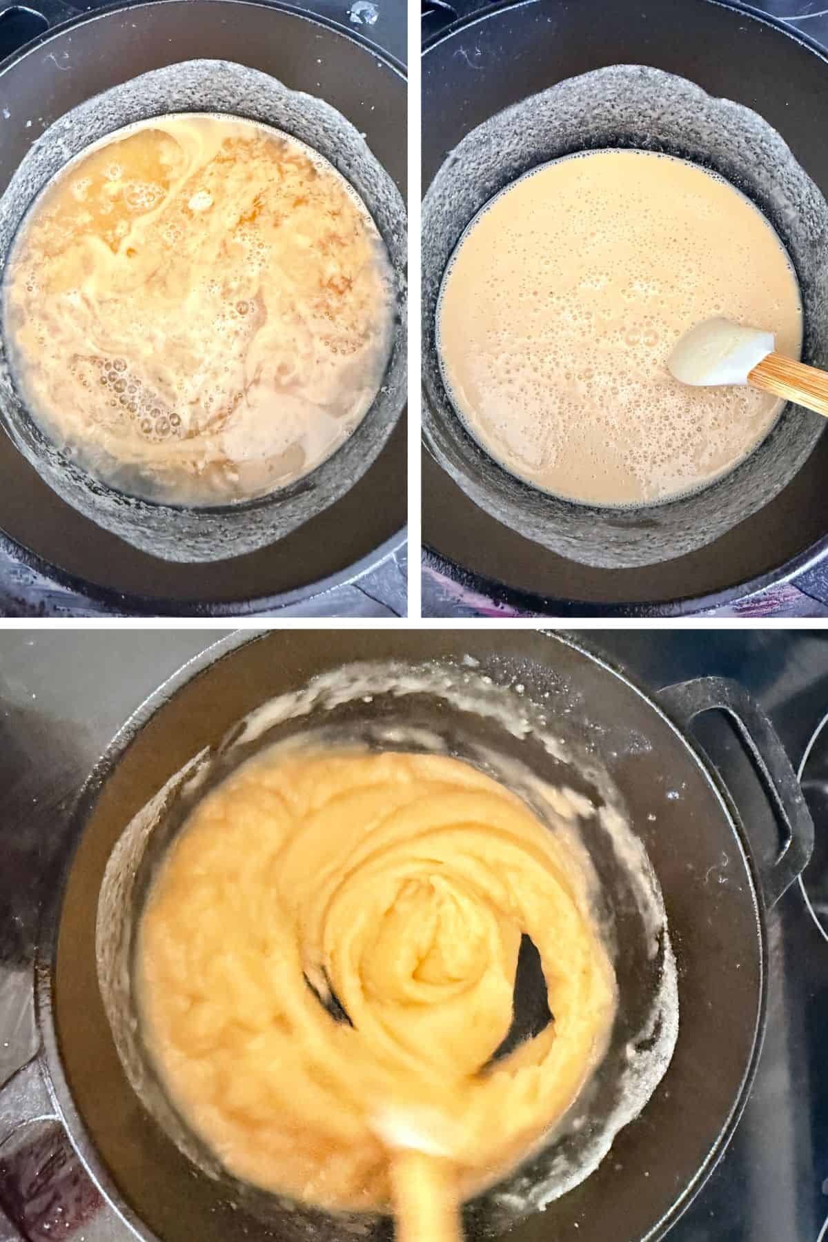 Beef broth is added to the flour and butter mixture, then cooked until a thick gravy consistency is reached.