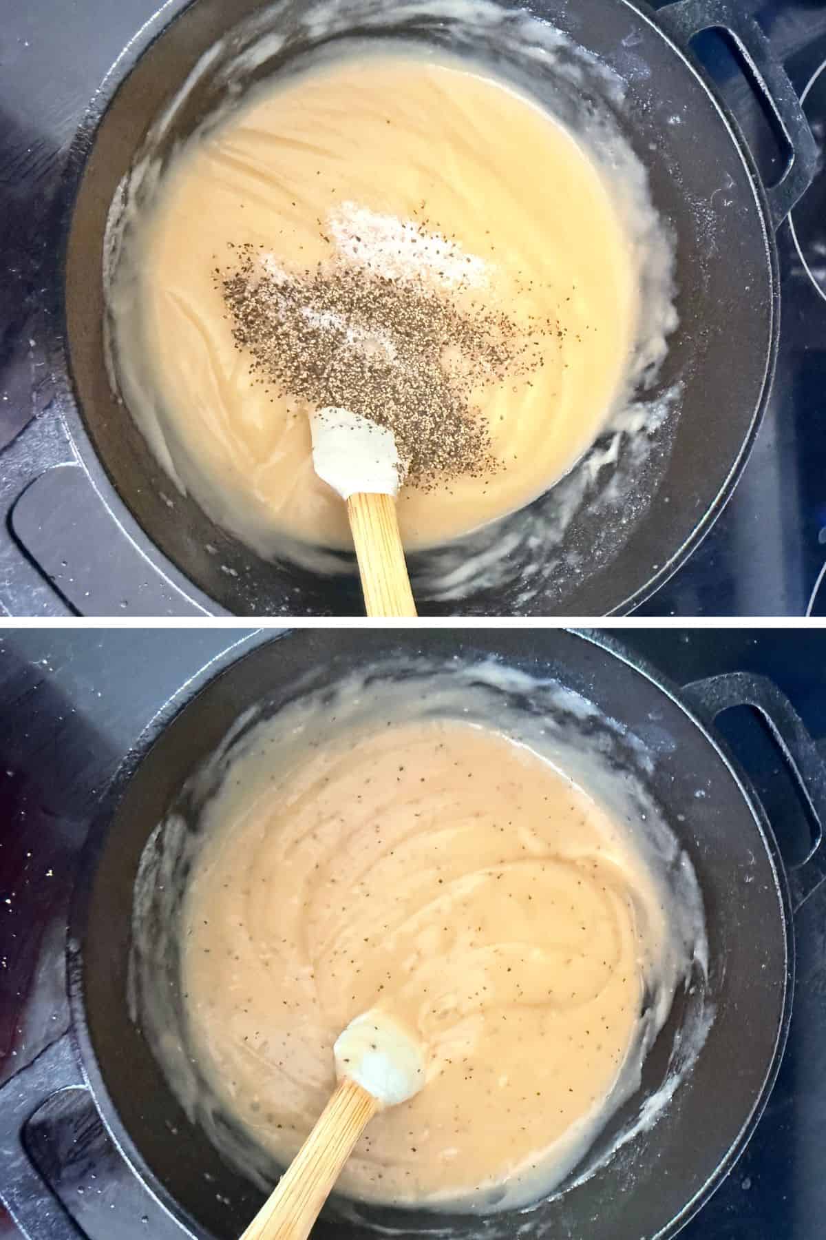 Salt and pepper are added to the gravy liquid.