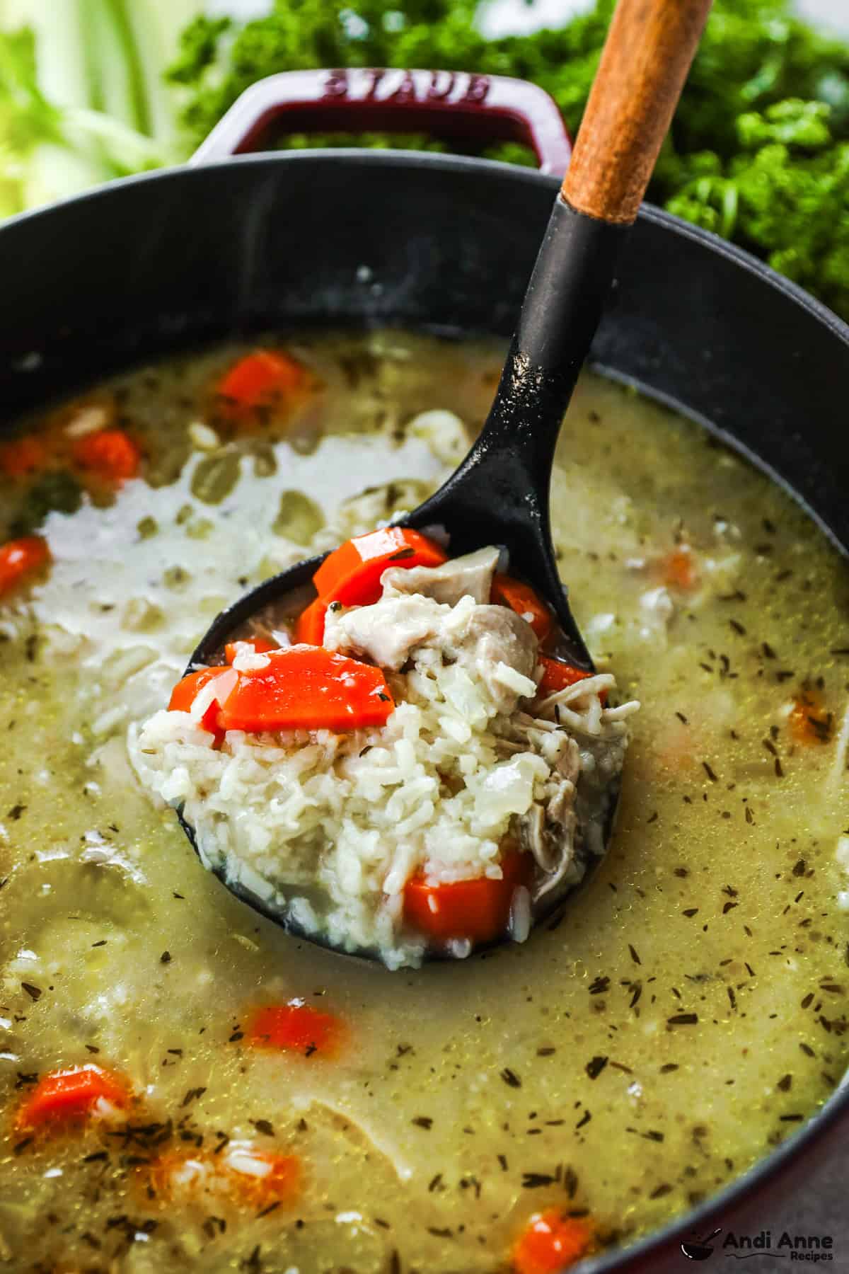 soup ladle with scoop of chicken and rice soup above pot
