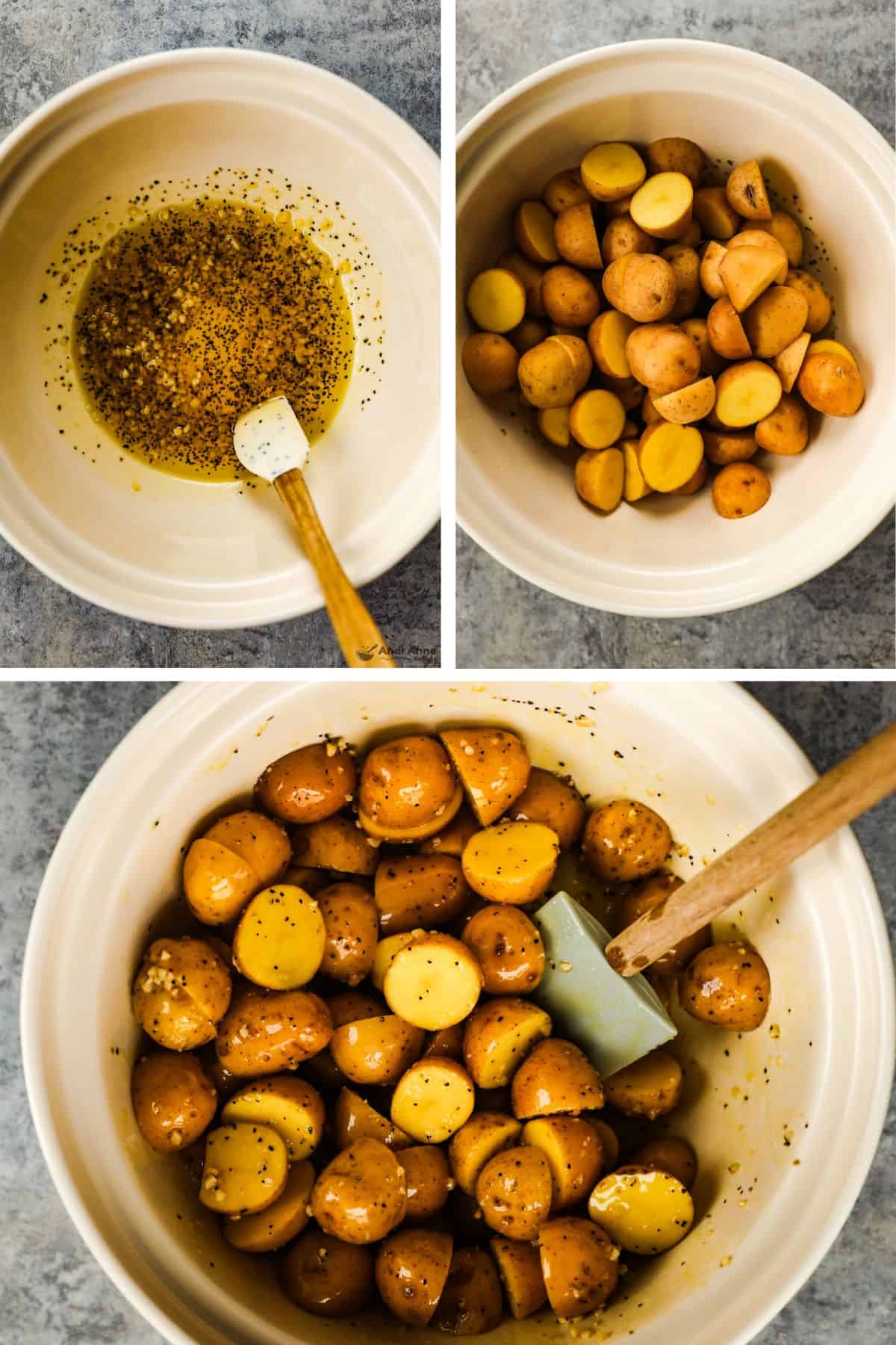 Olive oil, salt and pepper, and garlic in a bowl, baby potatoes that have been cut in half added to the bowl, and then the oil and seasonings are coating the potatoes.