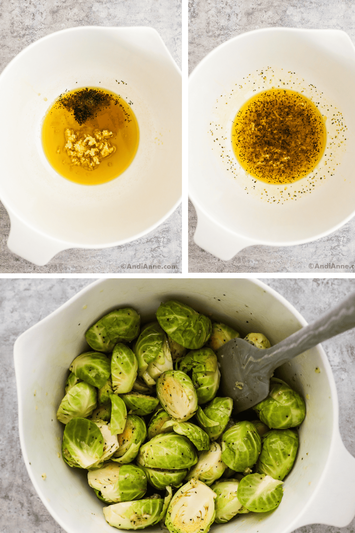 A three image collage, olive oil, salt and pepper, and minced garlic in a bowl, then they are mixed together, the Brussels sprouts are added to the bowl and mixed with the seasoning.