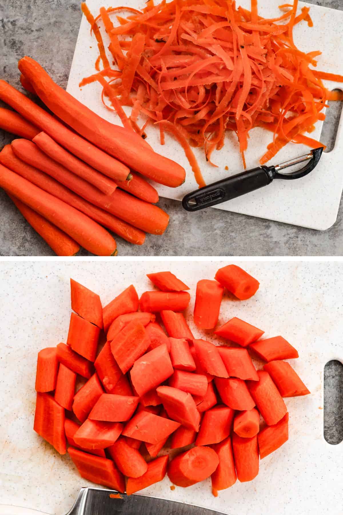 Peeled carrots on a cutting board with the skins and a vegetable peeler, then the carrots are chopped into similar sizes on the cutting board.