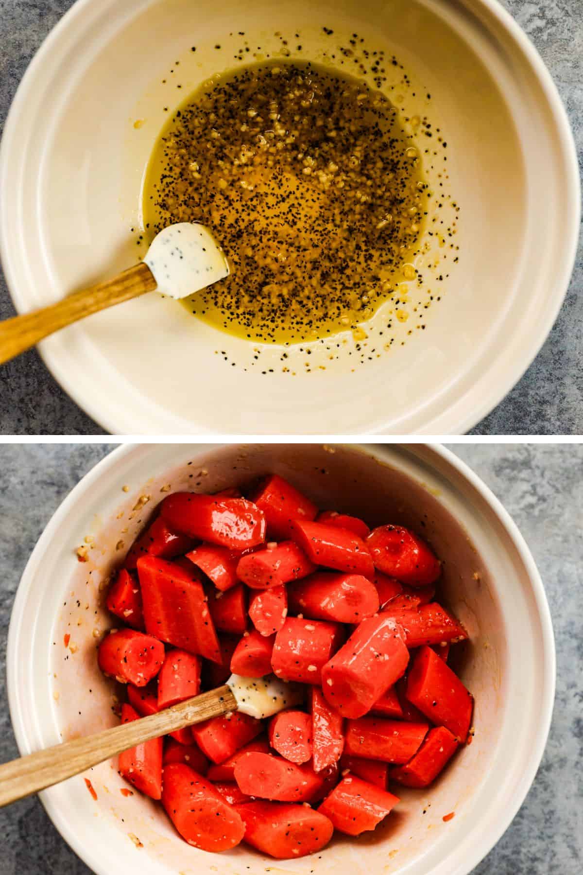 Olive oil, garlic, and seasonings are in a bowl, and then the carrots are added to the bowl and mixed with a spatula.
