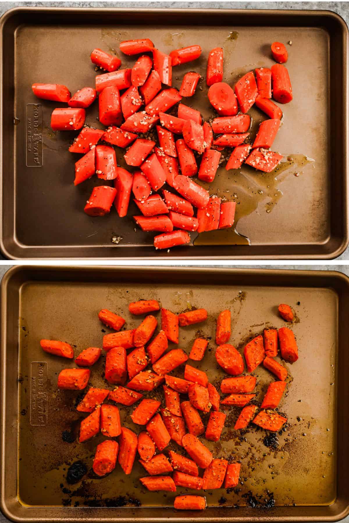A sheet pan with carrots and garlic before and after roasting.