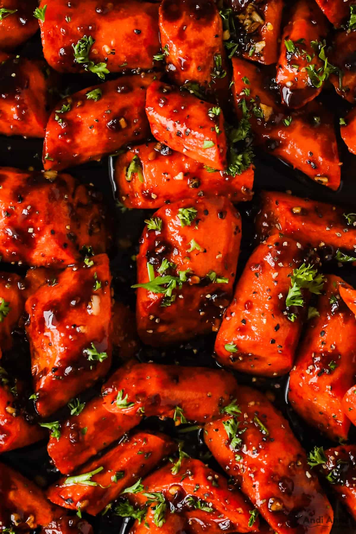 A close up of balsamic honey roasted carrots.