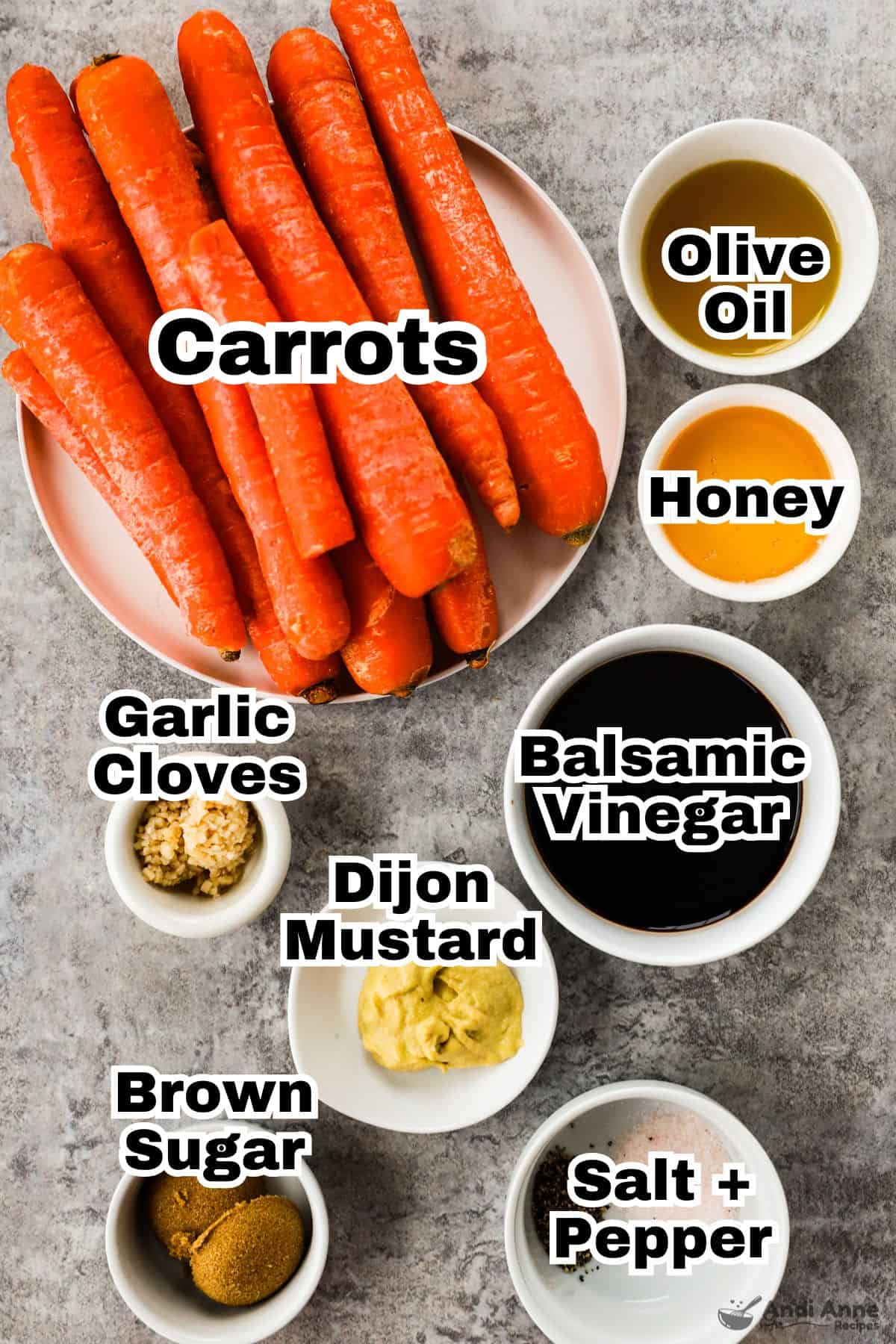 The ingredients for honey balsamic roasted carrots are in individual bowls.