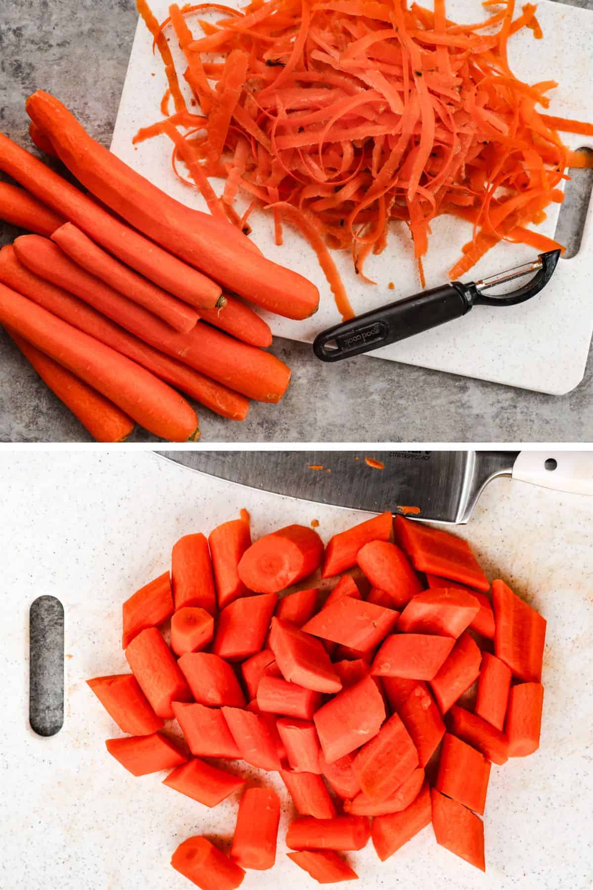 Carrots are peeled and then sliced into evenly sized pieces.