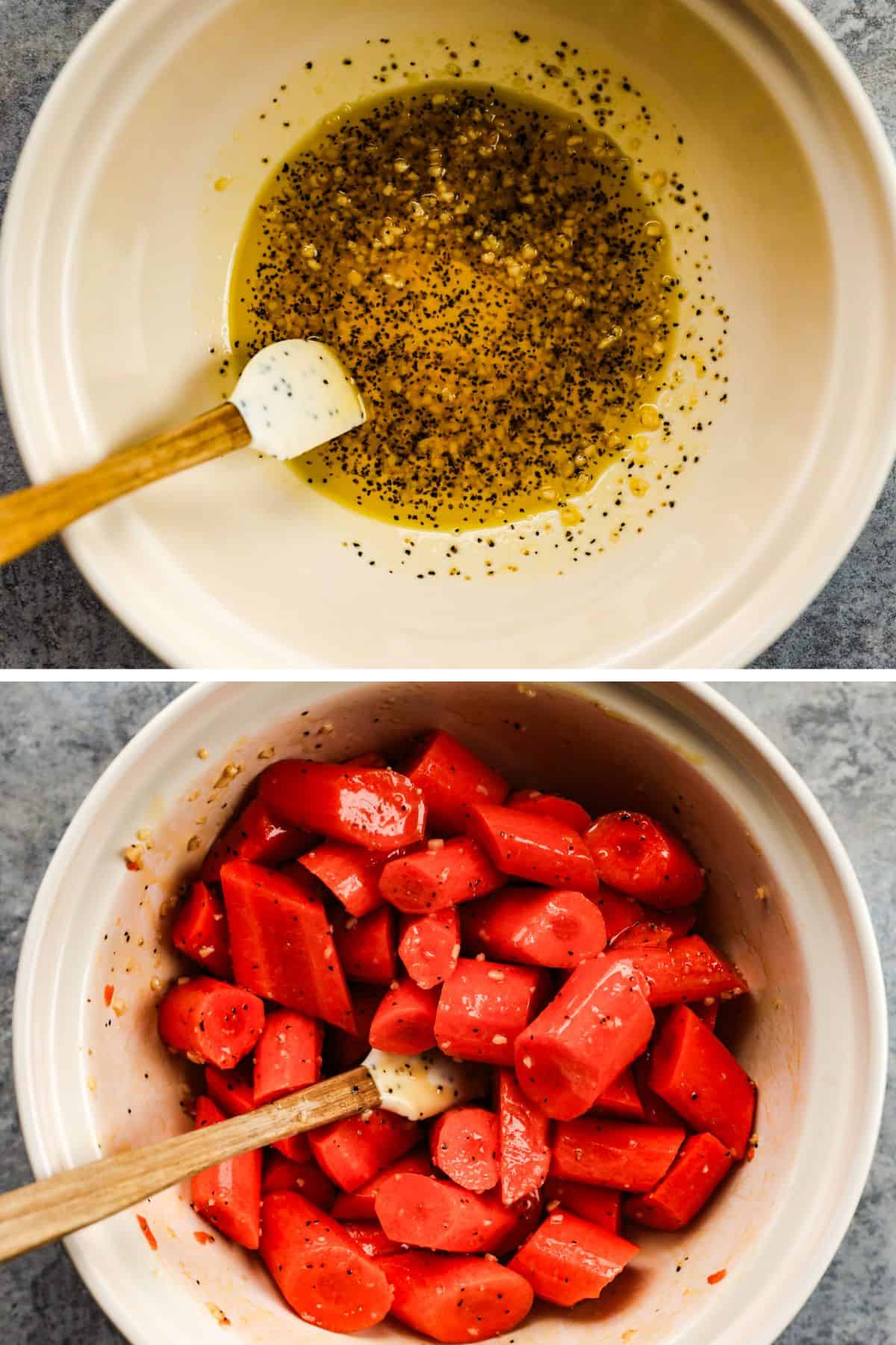 Olive oil, garlic, salt, and pepper are mixed in a bowl, then tossed with the carrot pieces.
